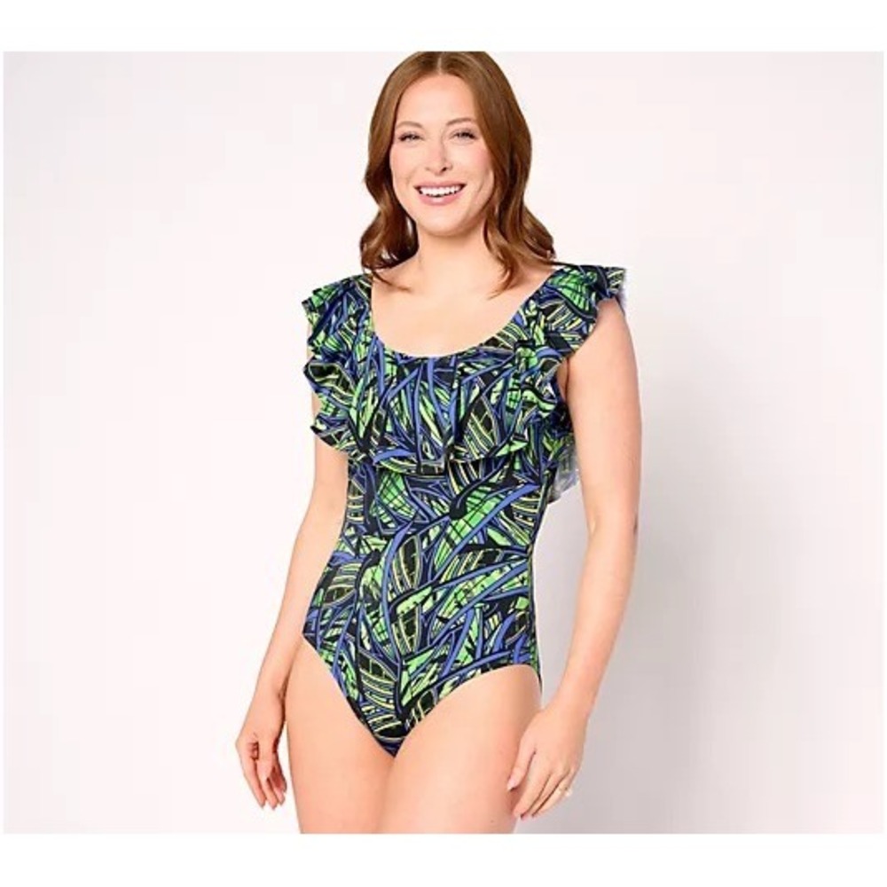 Women With Control Ruffle Scoop Neck One Piece Swimsuit Blue Green Tropical 32W